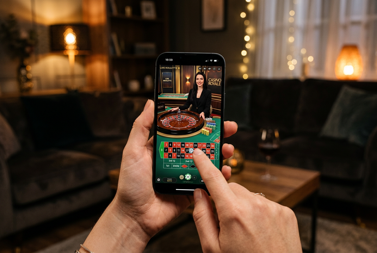 A person playing live casino games on a smartphone with a Greek dealer on screen.