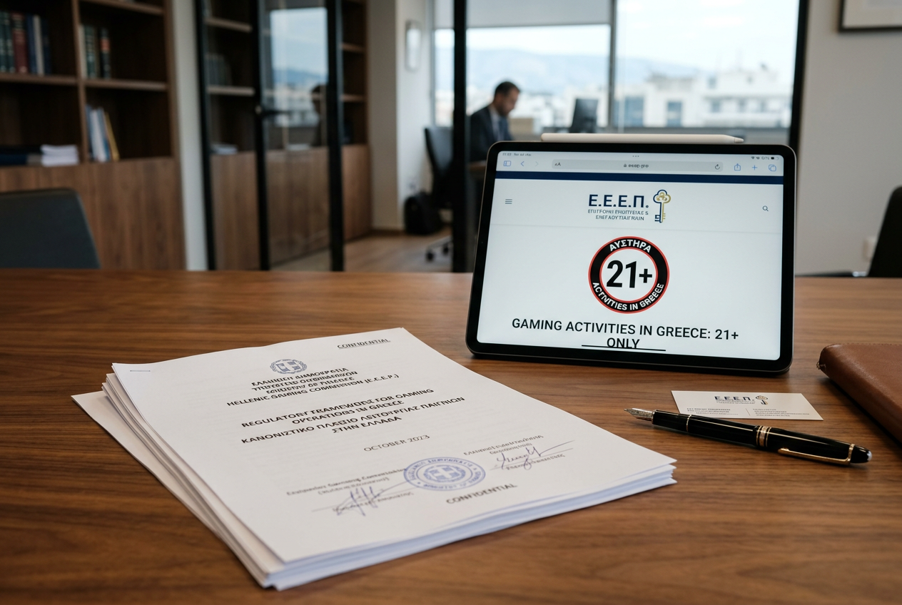 Official Greek gaming license documents and regulatory seals.